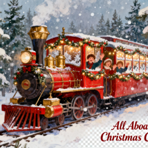 All Aboard Christmas Cheer” Vintage Christmas Train PNG