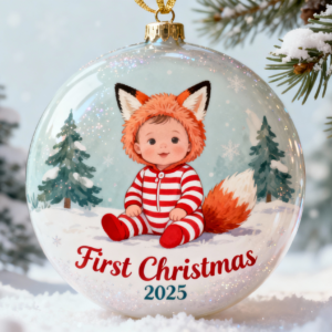 Woodland Baby Boy First Christmas 2025 Ornament PNG