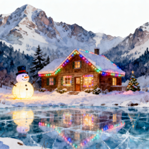 Christmas Mountain Cottage With Frozen Lake Watercolor PNG