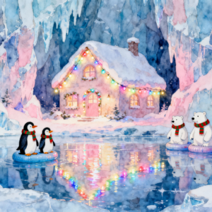 Fairytale Christmas Cottage With Frozen Lake Watercolor PNG