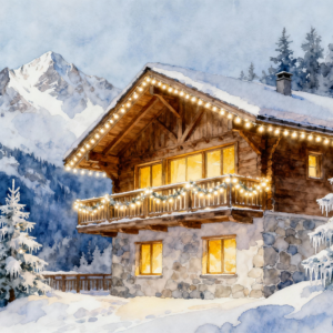 Luxury Alpine Christmas Chalet Cabin Watercolor PNG