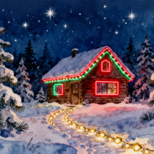 Neon Christmas Cabin Night Scene Watercolor PNG