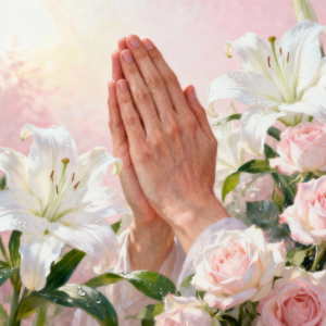 Praying Hands With Lilies and Roses