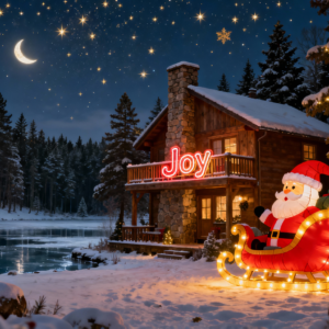 Rustic Christmas Cottage With Inflatable Santa Sleigh PNG