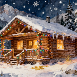 Rustic Christmas Log Cabin in Snowy Mountains Watercolor PNG