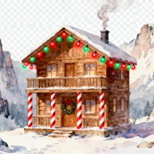 Santa’s Christmas Cabin in Snowy Mountains Watercolor PNG