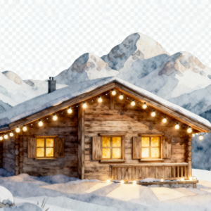 Scandinavian Christmas Cabin Watercolor Clipart PNG