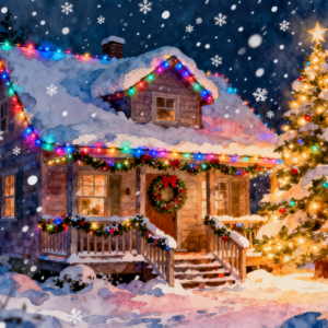 Snowfall Christmas Cabin Watercolor Clipart PNG