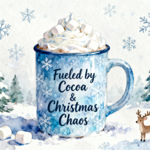 Snowflake Christmas Mug “Fueled by Cocoa & Christmas Chaos” PNG