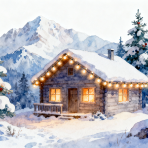 Watercolor Christmas Cabin in Snowy Mountains Clipart PNG