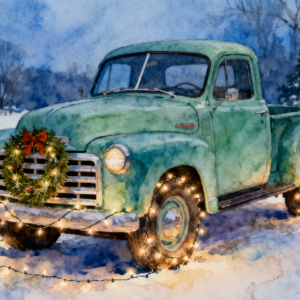 Watercolor Christmas Farmhouse Truck Clipart