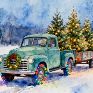 Watercolor Christmas Farmhouse Truck & Trailer Clipart PNG