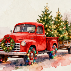Watercolor Red Christmas Farmhouse Truck & Tree Trailer Clipart PNG